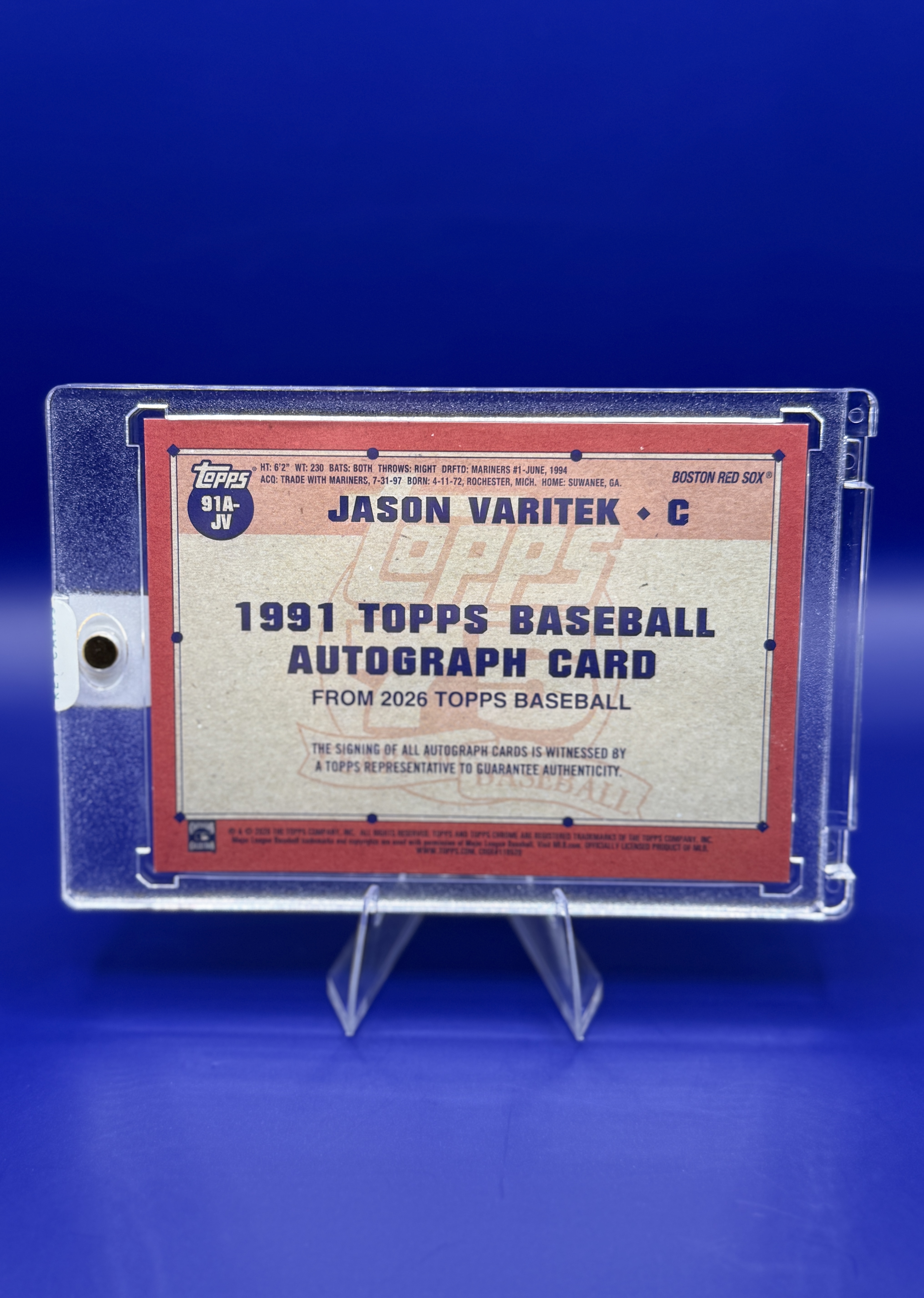 Jason Varitek 2026 Topps "1991 Topps Baseball" Certified Autograph #91A-JV back