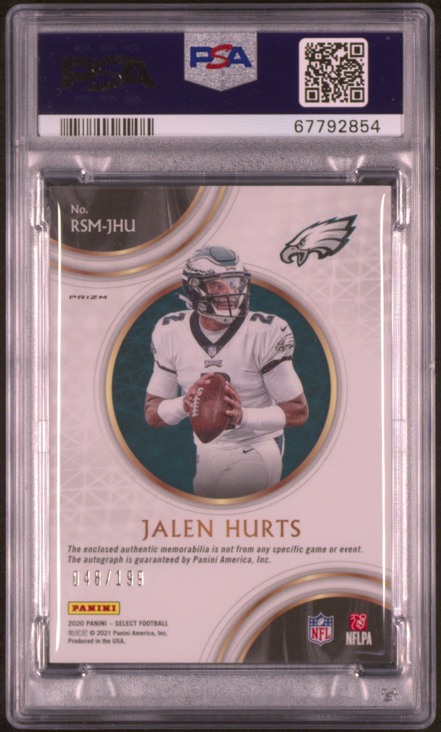 2020 Panini Select Jalen Hurts RC Auto Patch #RSM-JHU /199 (PSA 9) back