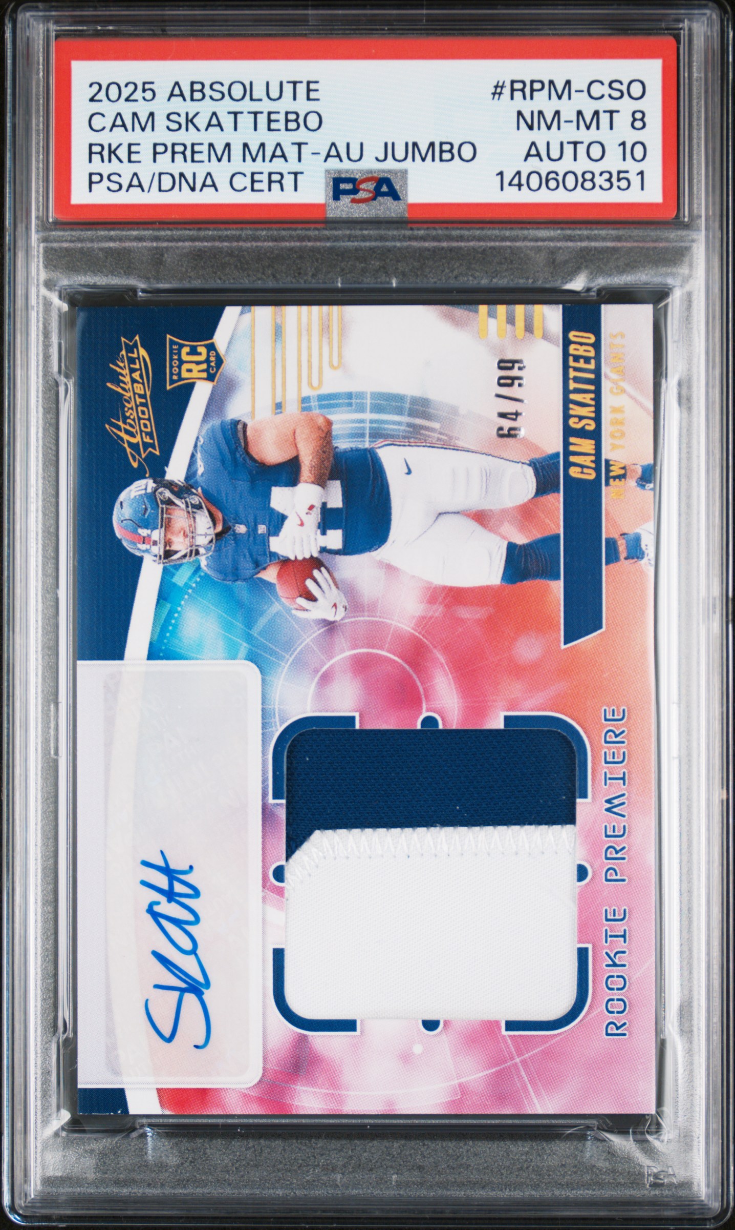 2025 Panini Absolute Cam Skattebo Rookie Premium Jumbo Patch Auto #RPM-CSO /99 (PSA 8 / Auto 10) front