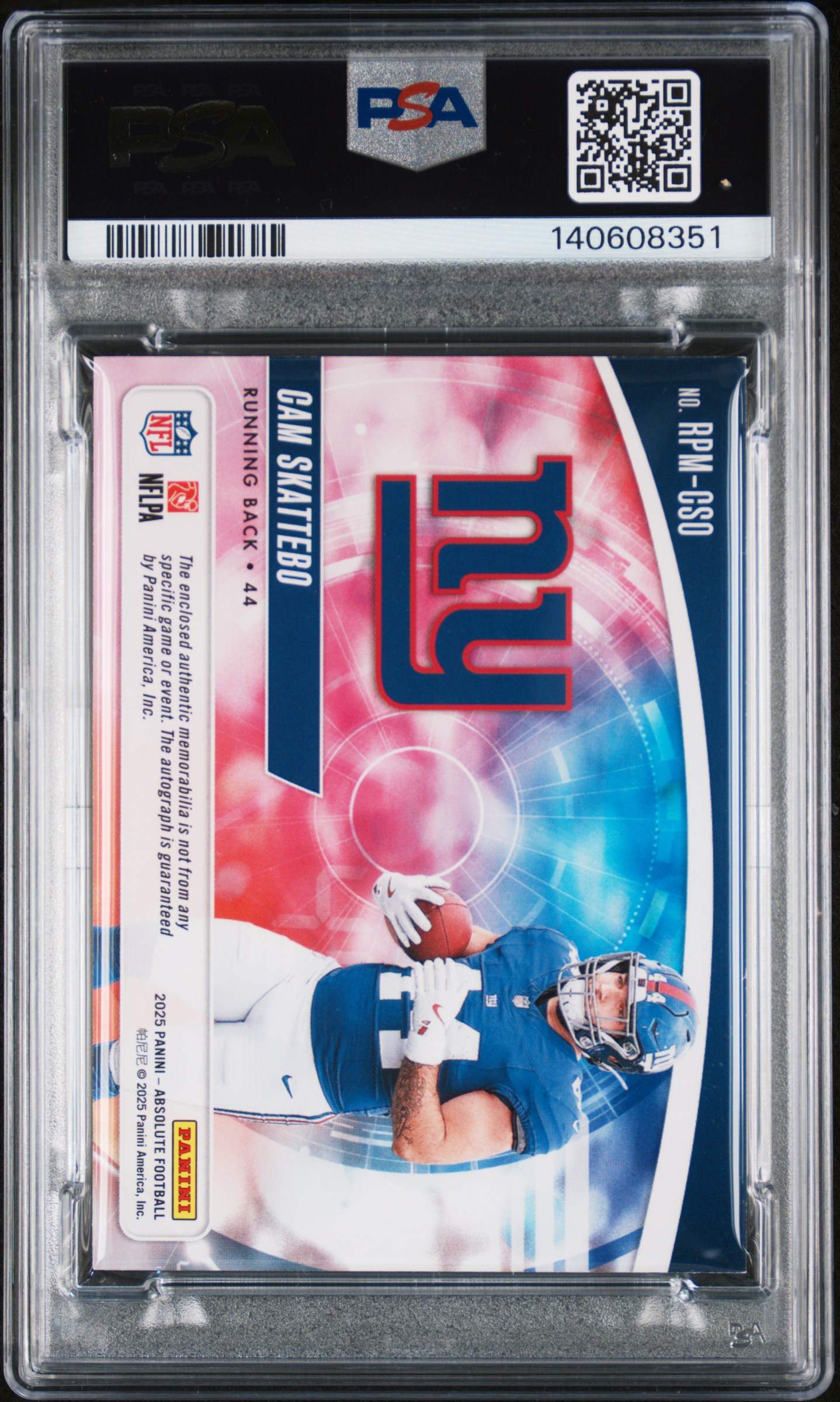 2025 Panini Absolute Cam Skattebo Rookie Premium Jumbo Patch Auto #RPM-CSO /99 (PSA 8 / Auto 10) back