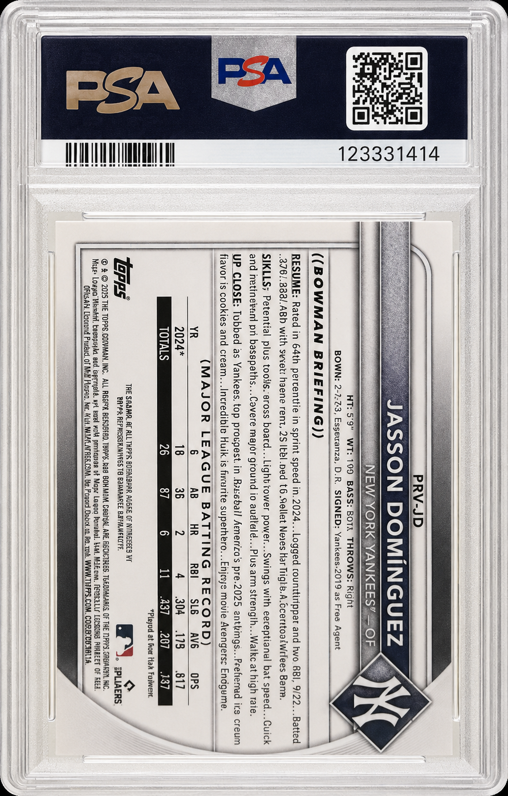 2025 Bowman Jasson Dominguez Rookies & Veterans Auto (PSA 10) back