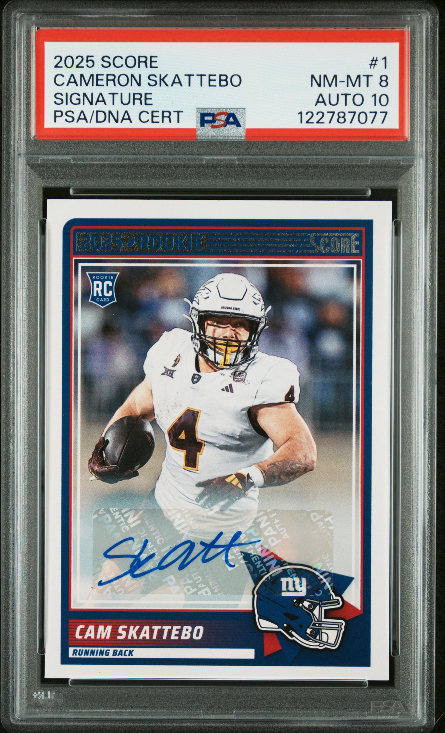 2025 Panini Score Cam Skattebo Signatures Rookie Auto RC (PSA Auto 10) front