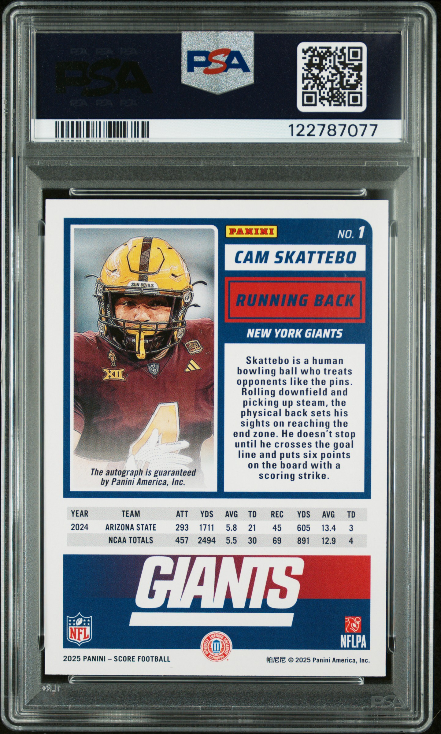 2025 Panini Score Cam Skattebo Signatures Rookie Auto RC (PSA Auto 10) back