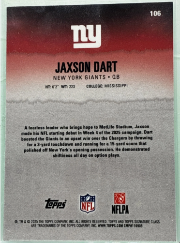 2025 Topps Signature Class Jaxson Dart #106 RC back