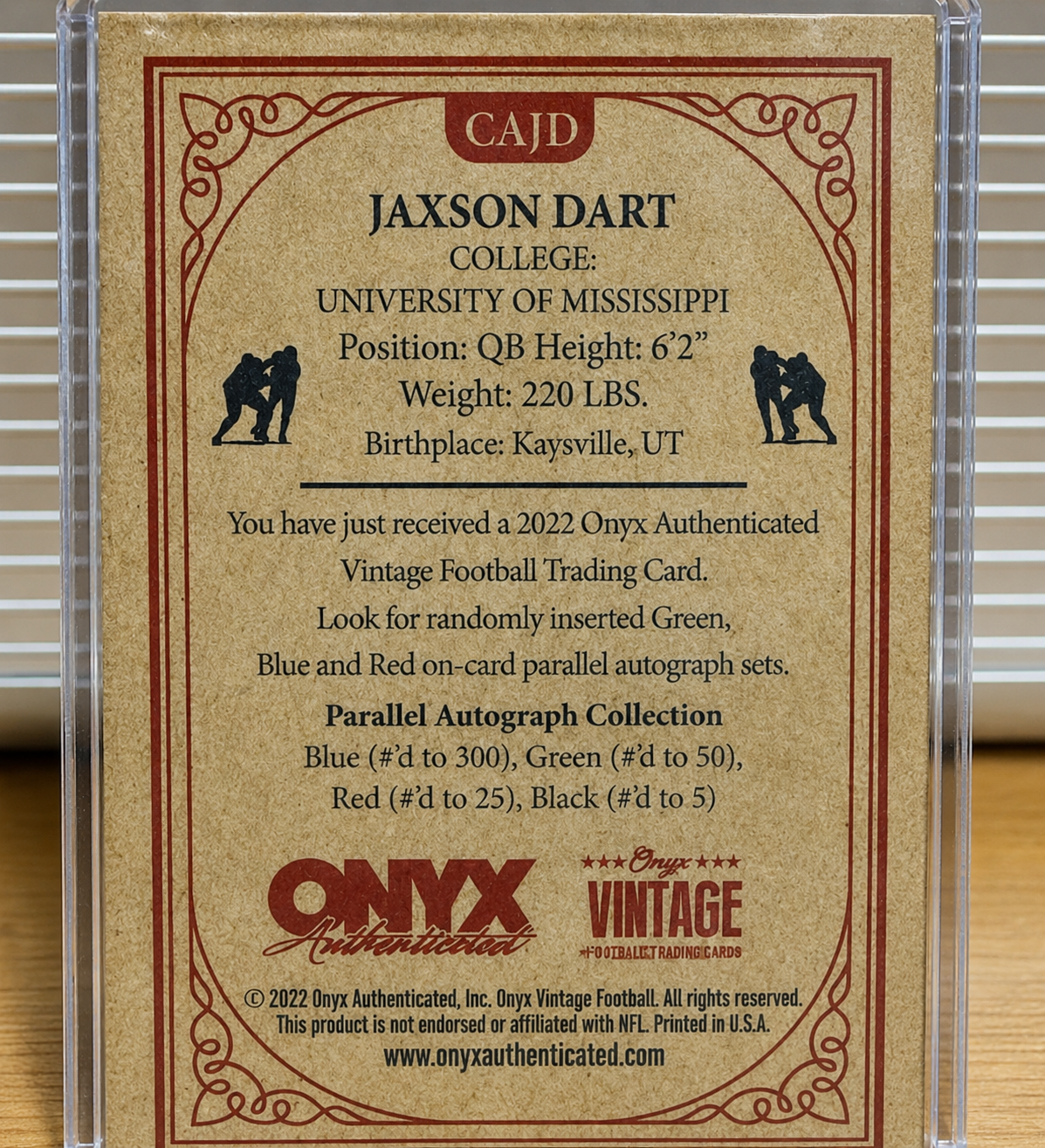 2022 Onyx Vintage College Jaxson Dart Rookie Auto #CAJD — Ole Miss back