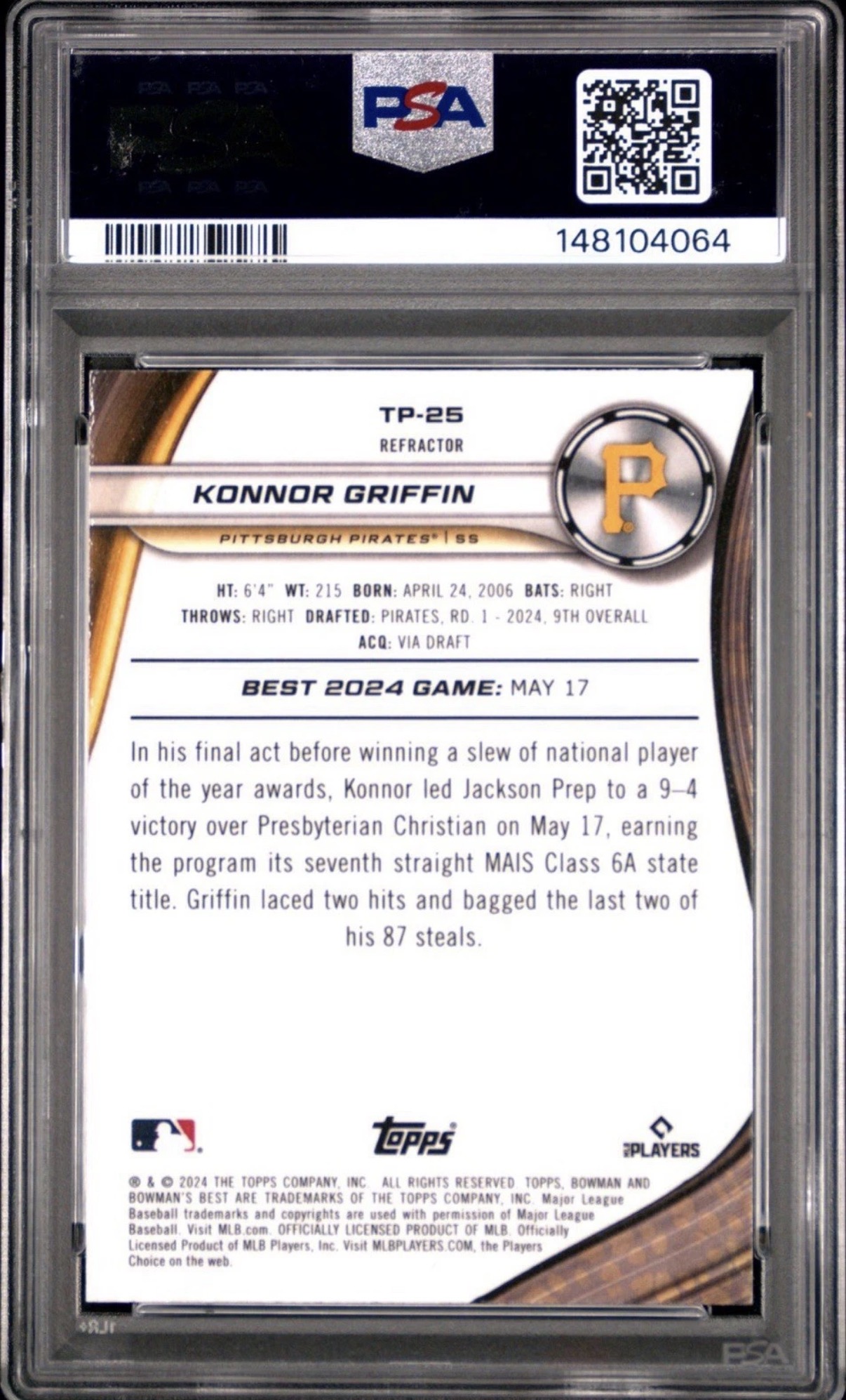 2024 Bowman's Best Konnor Griffin Refractor *PSA 10* Top Prospects Pirates #TP25 back