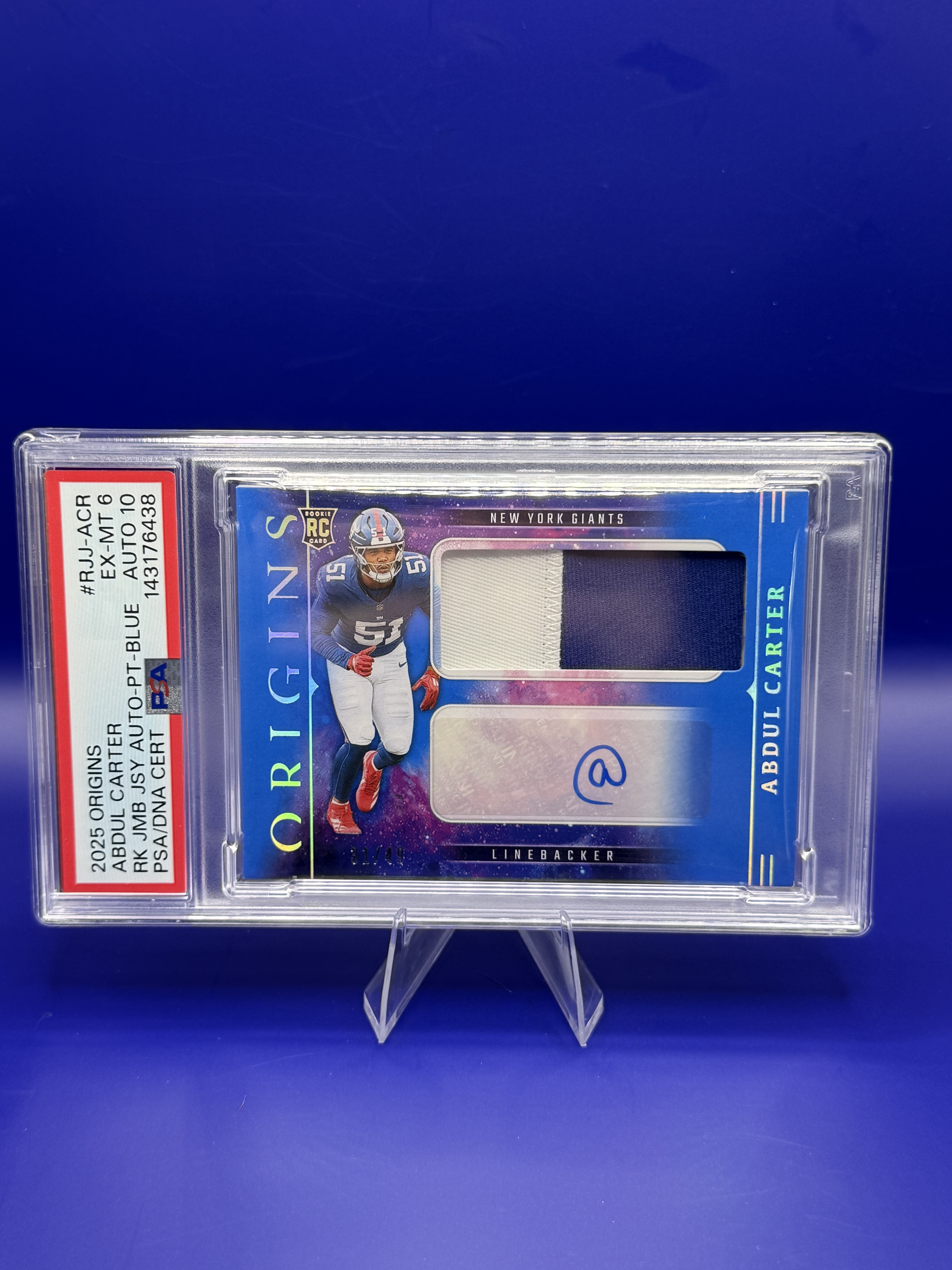 2025 Panini Origins Abdul Carter Rookie Patch Auto Blue #RJJ-ACR /49 (PSA 6) front