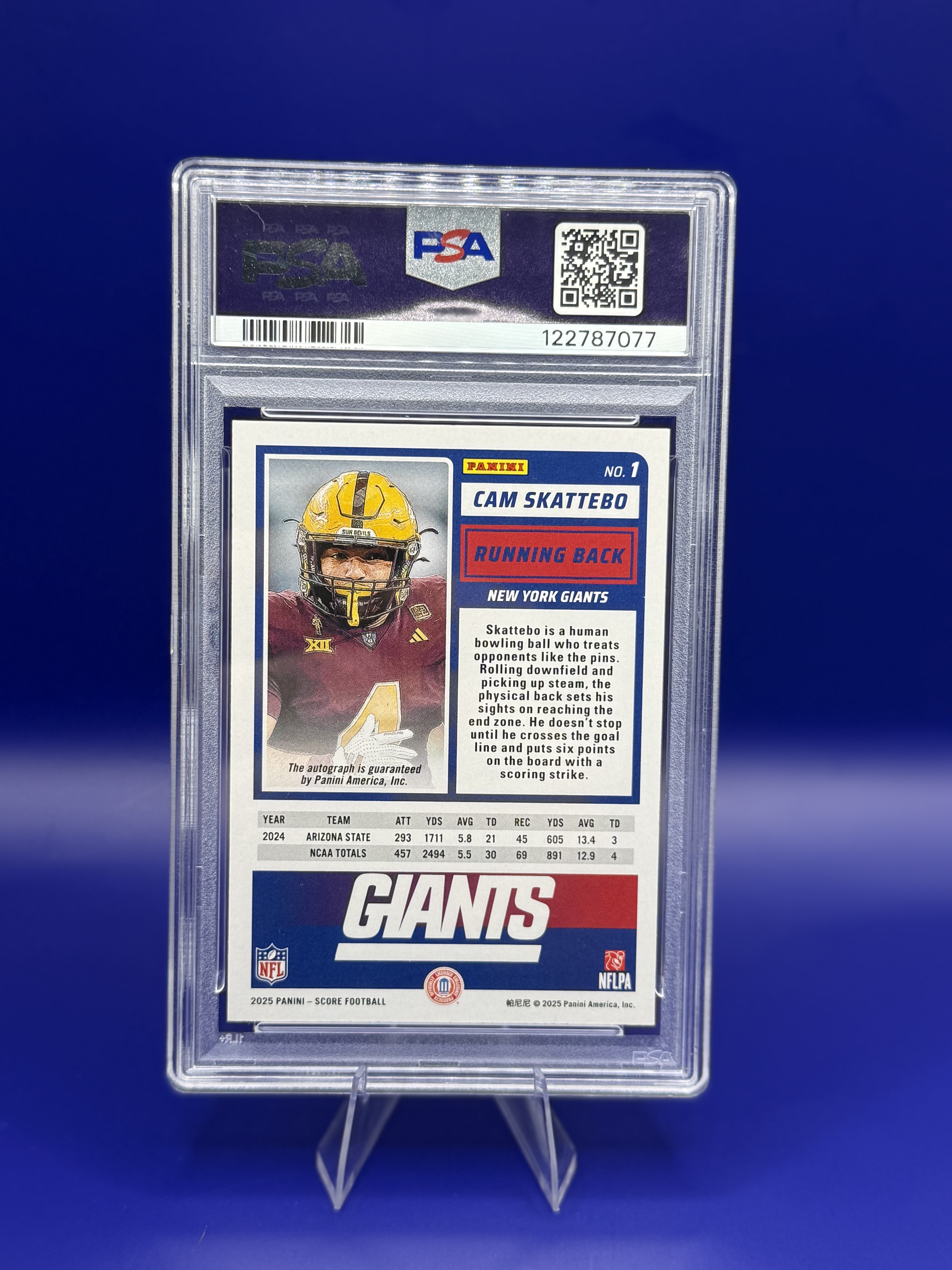 2025 Panini Score Cam Skattebo Signatures Rookie Auto RC (PSA Auto 10) back