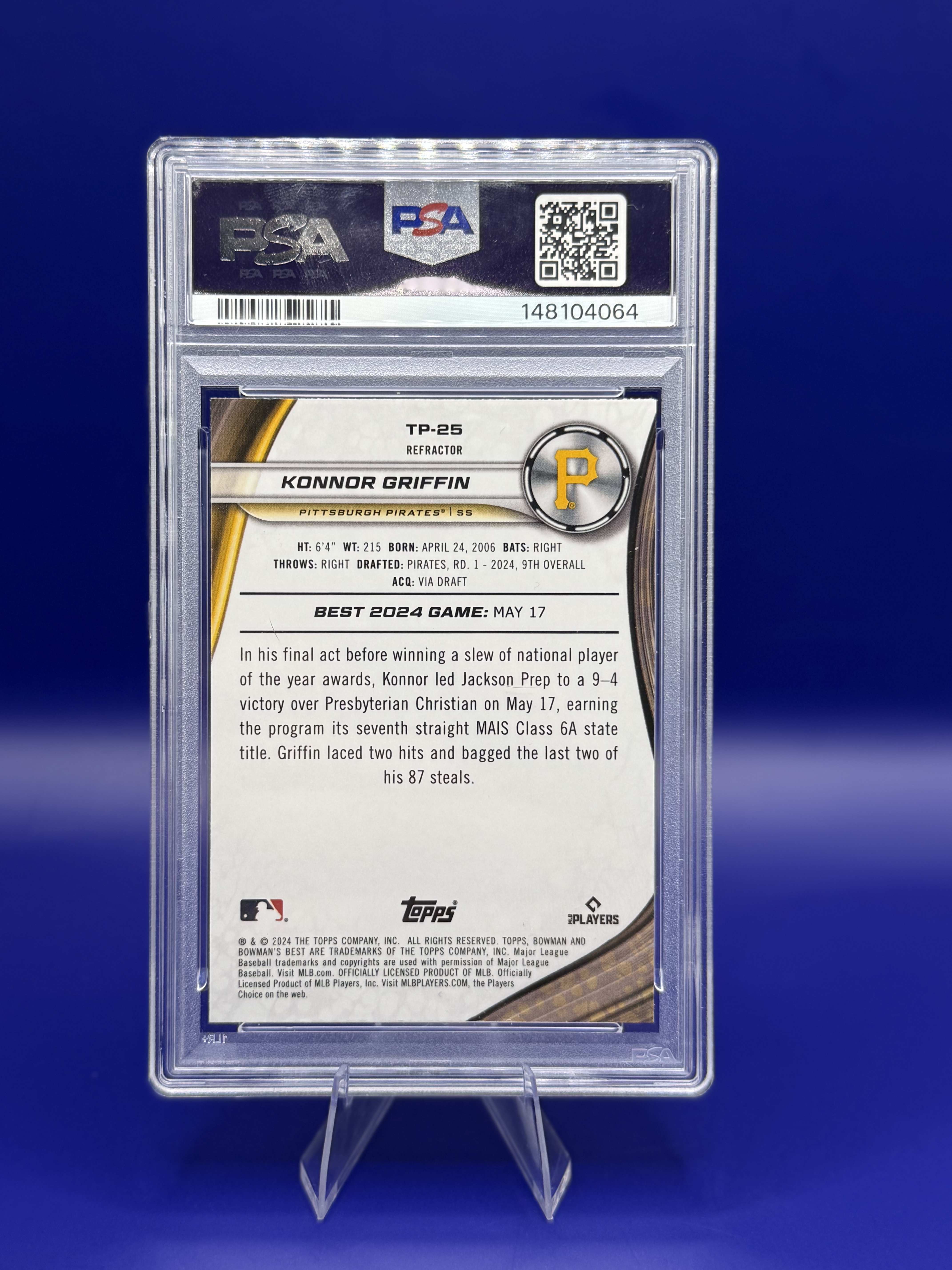 2024 Bowman's Best Konnor Griffin Refractor *PSA 10* Top Prospects Pirates #TP25 back