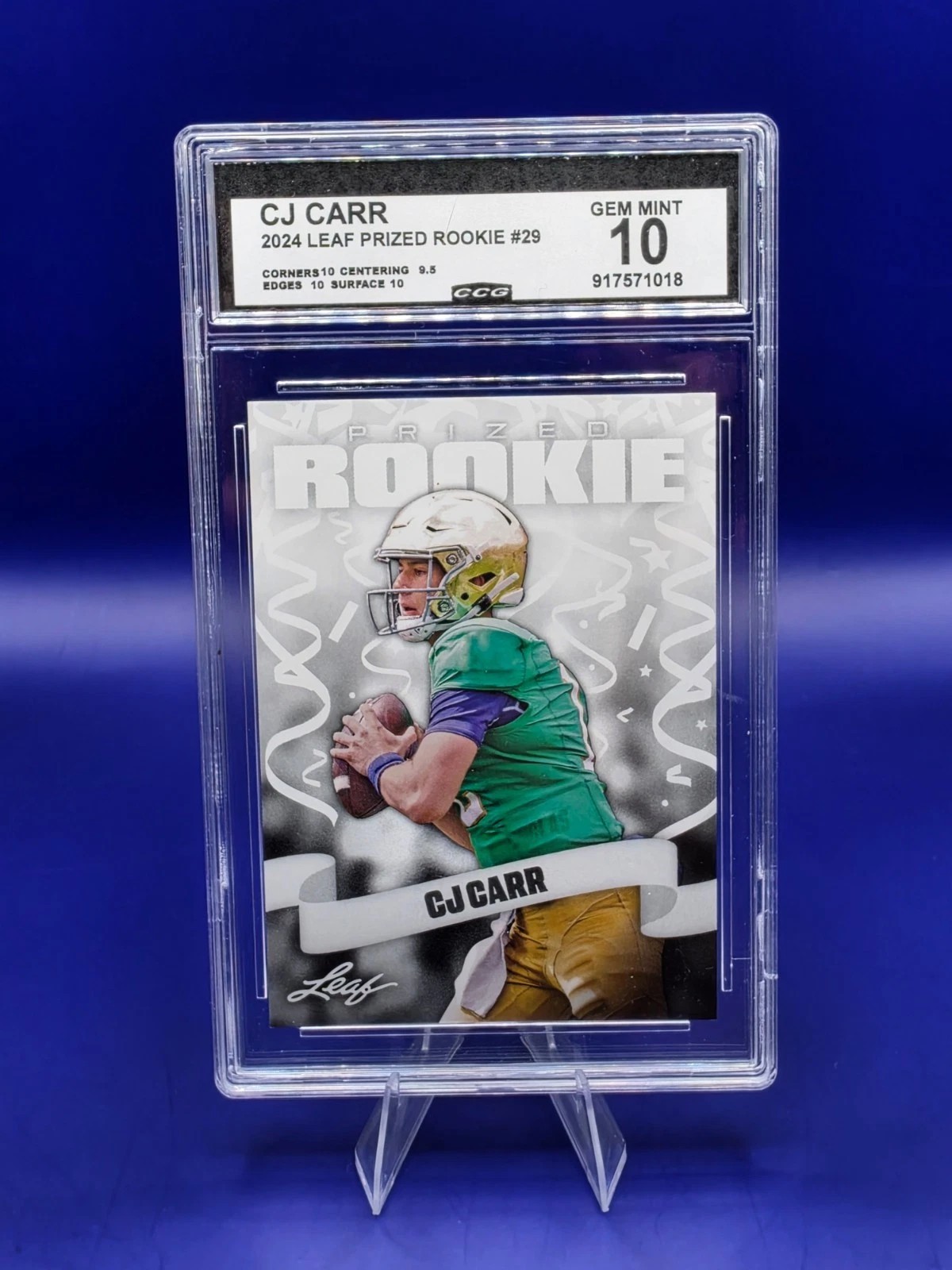 2024 Leaf Prized Rookie CJ Carr #29 CCG 10 Gem Mint Notre Dame front