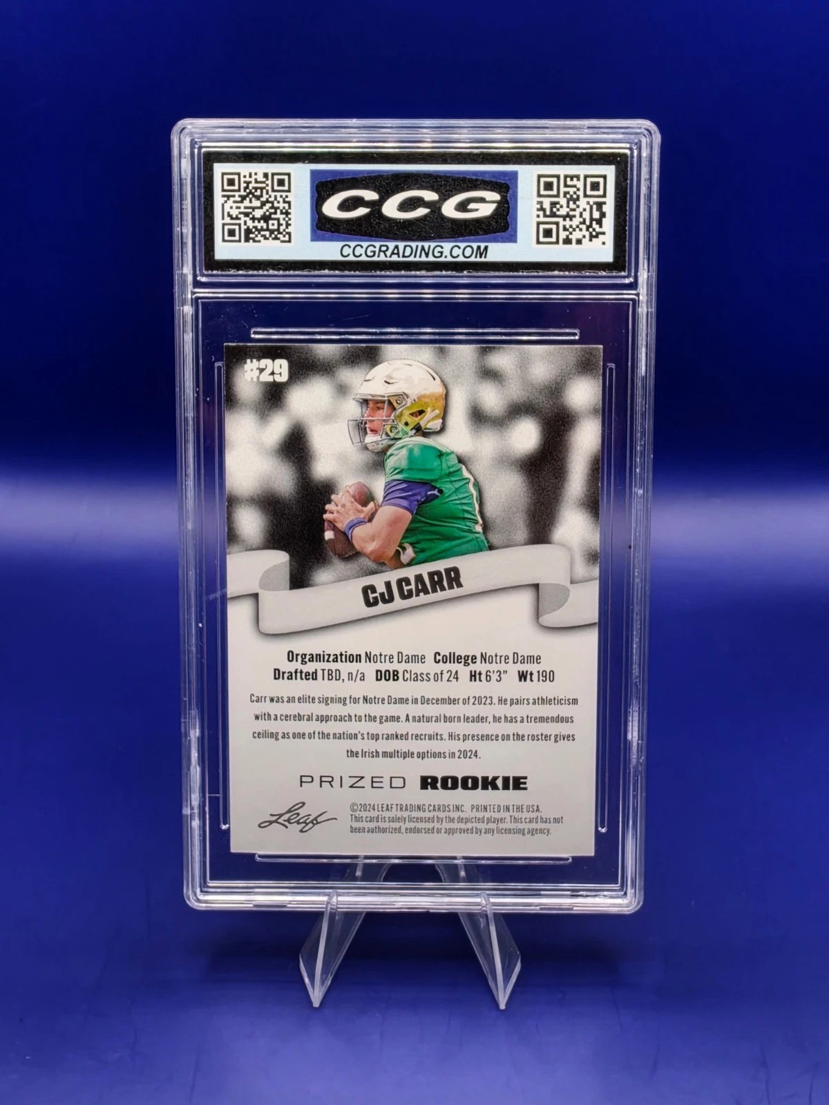 2024 Leaf Prized Rookie CJ Carr #29 CCG 10 Gem Mint Notre Dame back