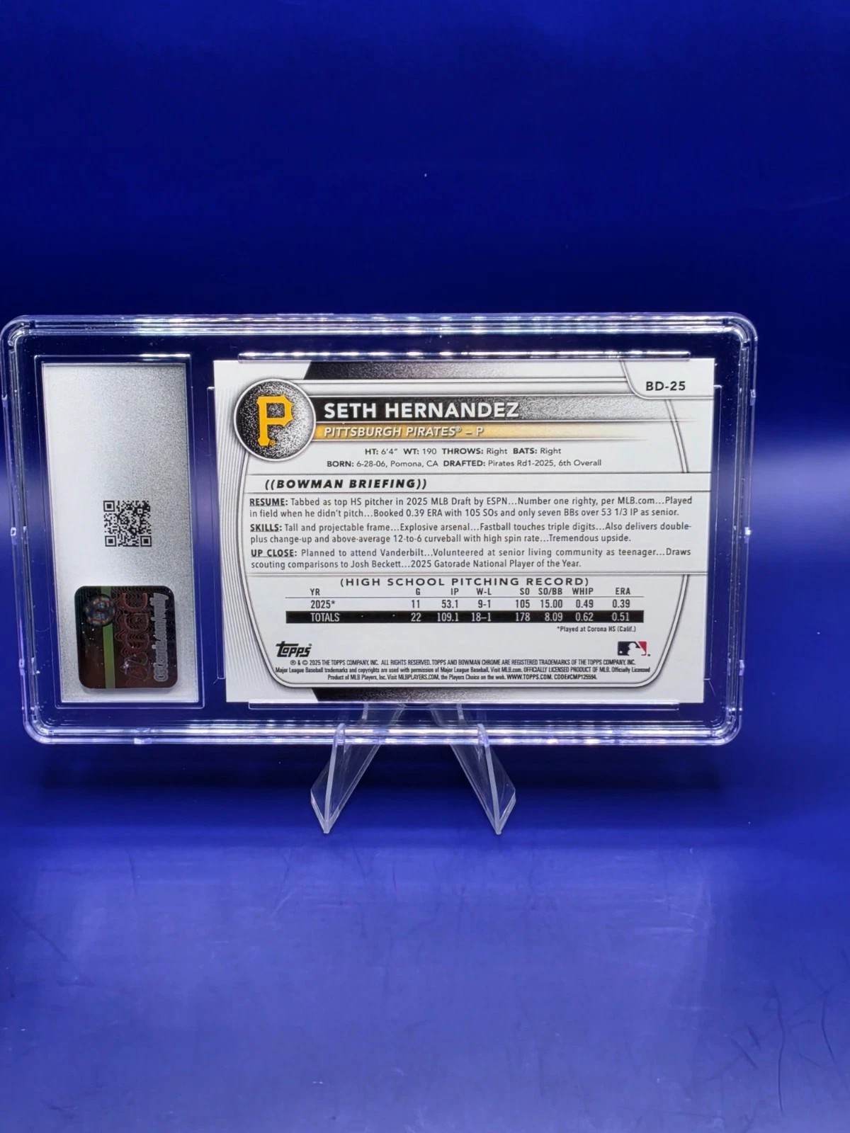 2025 Bowman Draft Seth Hernandez #BD-25 1st Bowman CGC 10 Gem Mint back