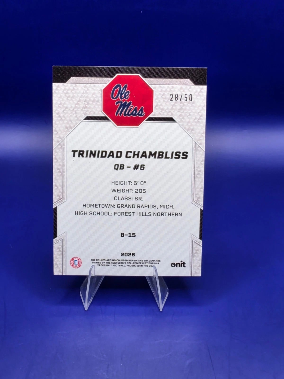 2026 Onit Trinidad Chambliss Platinum /50 #B-15 Ole Miss Rebels back