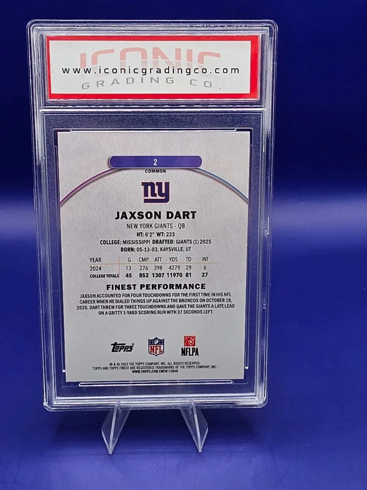 2025 Topps Finest Jaxson Dart #2 RC ICONIC Pristine 10 back