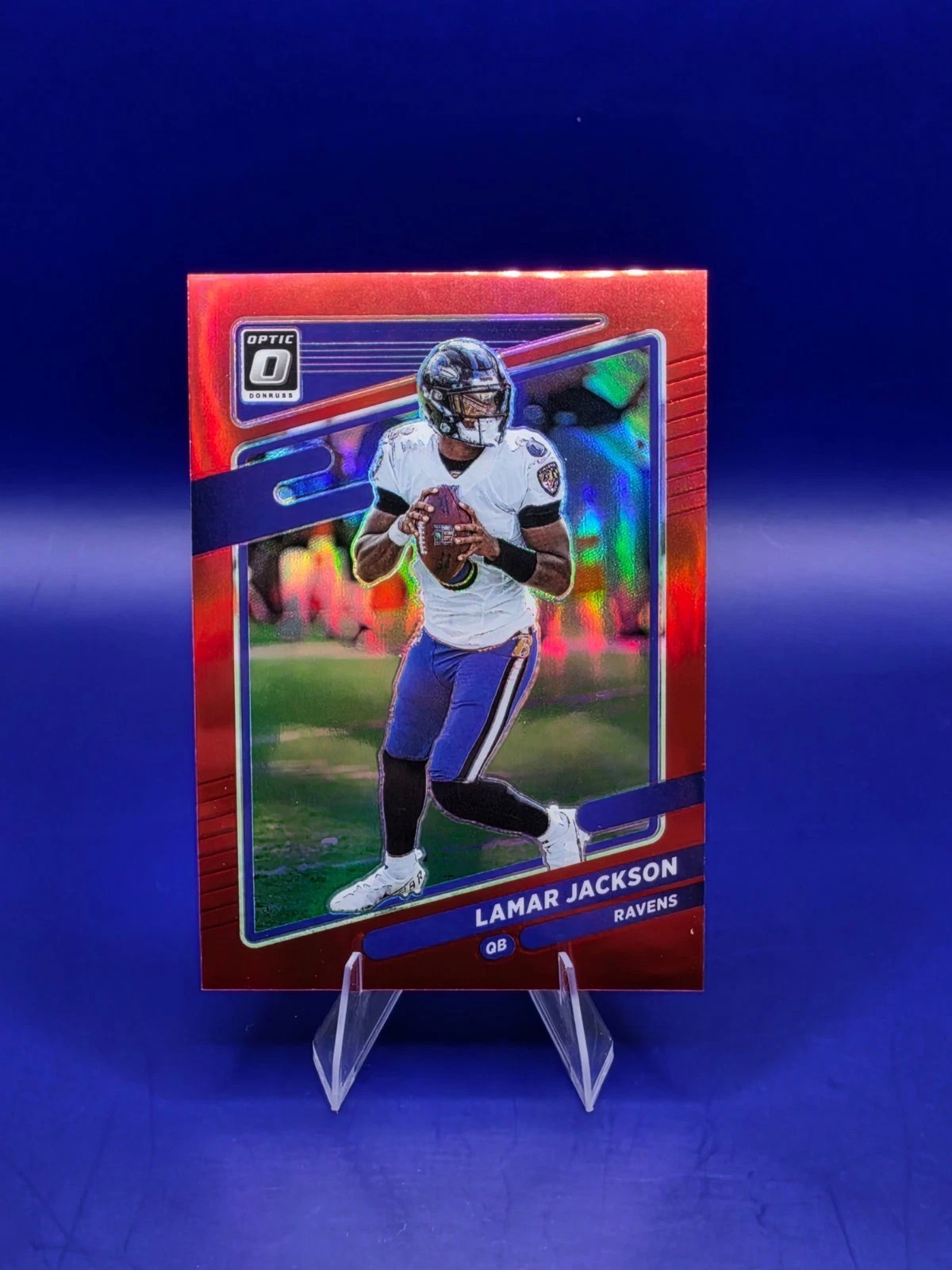 2021 Panini Donruss Optic - Lamar Jackson #128 Red Prizm /99 front