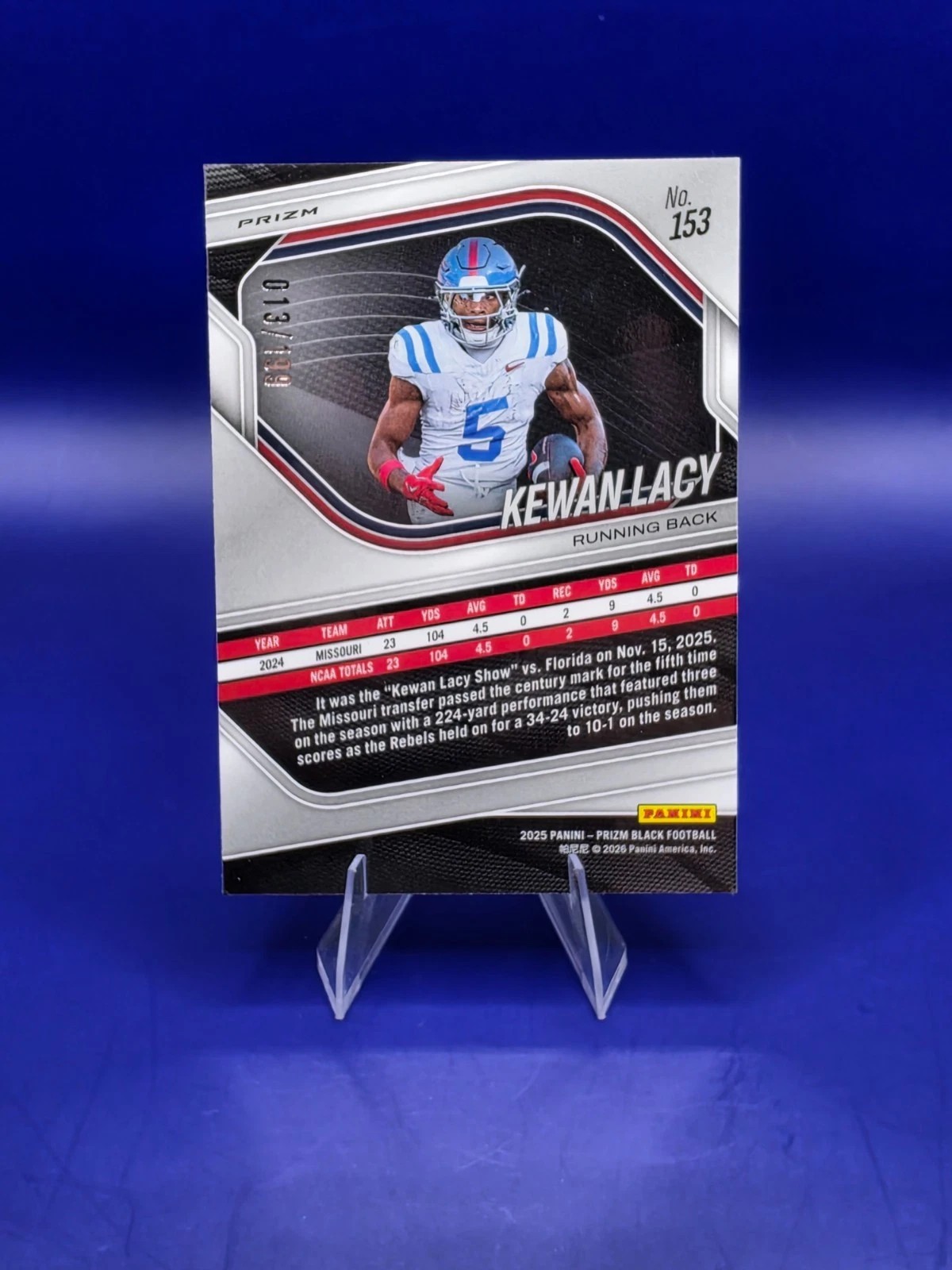 2025 Panini Prizm Black - Prospects Kewan Lacy #153 Blue Prizm /199 (RC) back