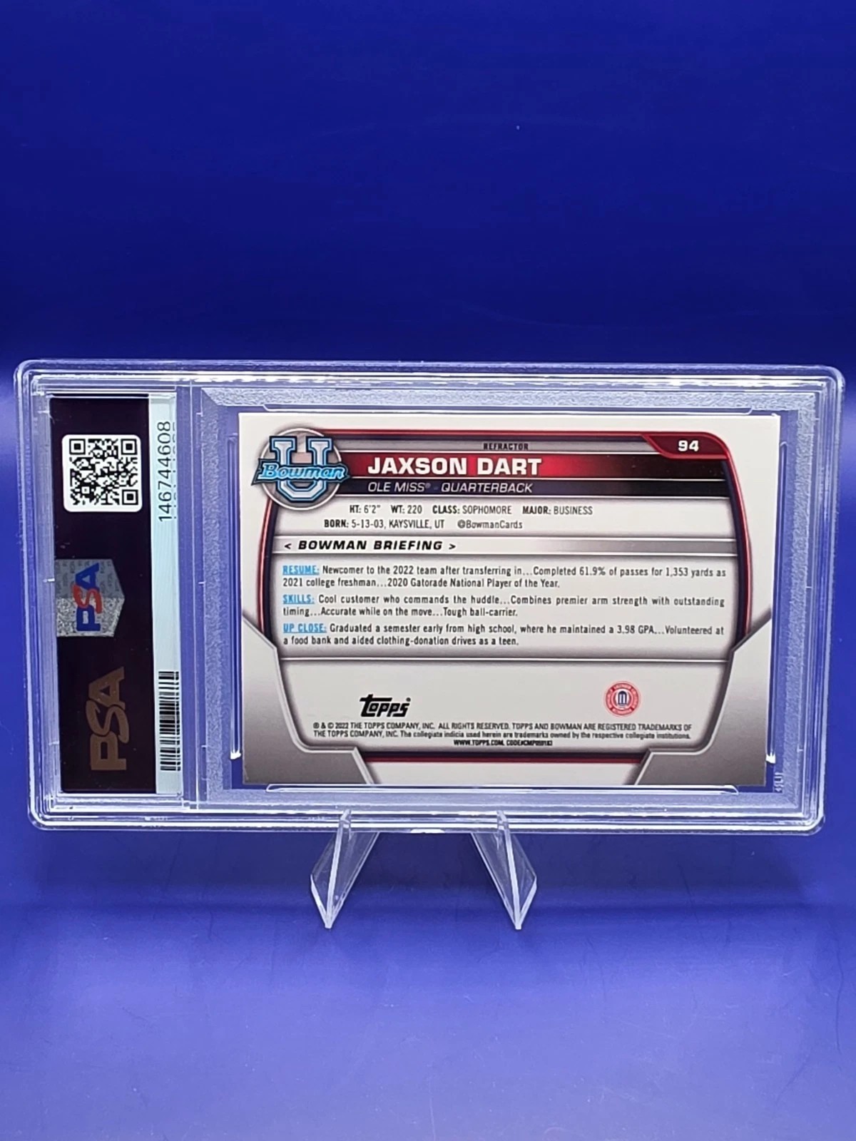 2022 Bowman University Chrome Jaxson Dart #94 Refractor PSA 9 back