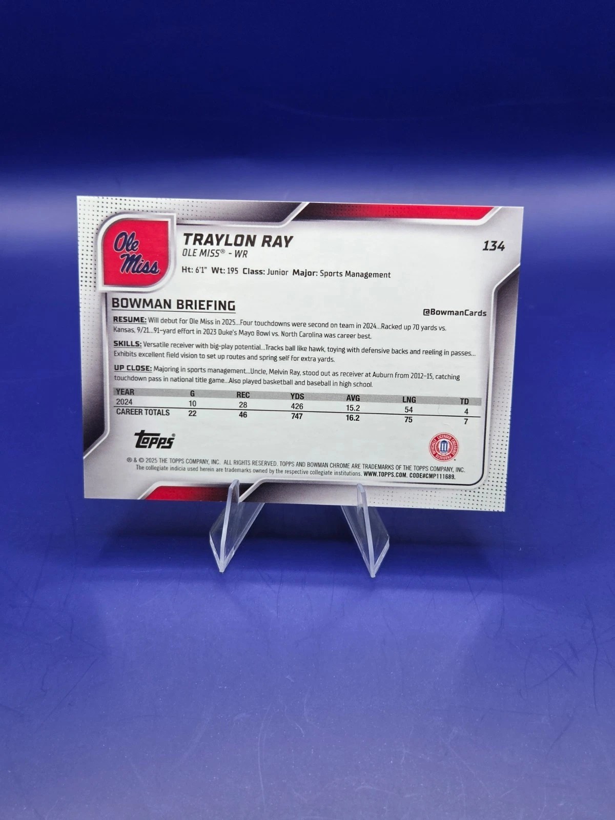 2025 Bowman University Chrome - Traylon Ray #134 Orange Refractor /25 (RC) back