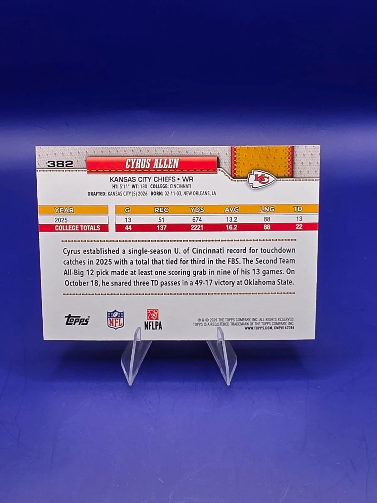 2026 Topps Cyrus Allen #382 Diamante Foil RC Kansas City Chiefs back