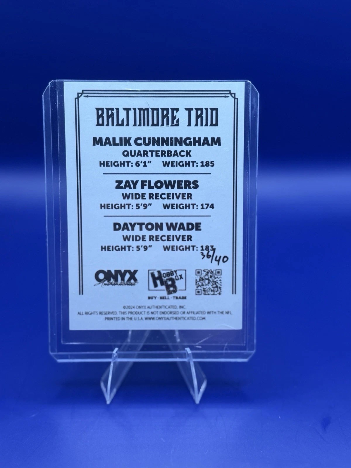 2024 Onyx Zay Flowers Malik Cunningham Dayton Wade RC Auto /40 Ravens back