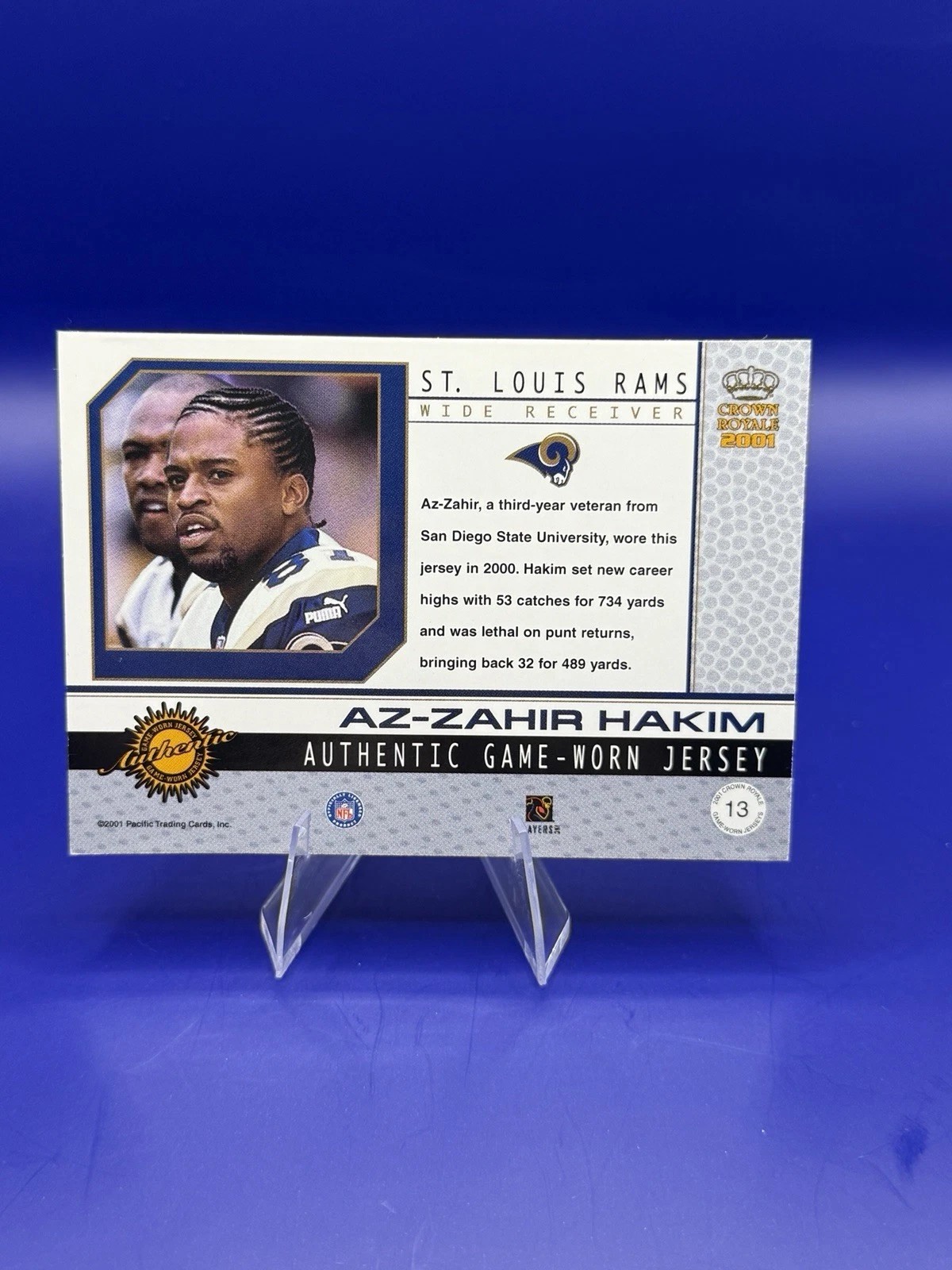 2001 Pacific Crown Royale Az-Zahir Hakim Game-Worn Jersey #13 192/519 Rams back