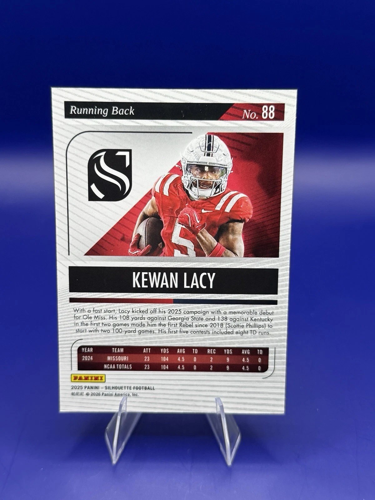 2025 Panini Silhouette Kewan Lacy #88 Red /75 RC Ole Miss Football back