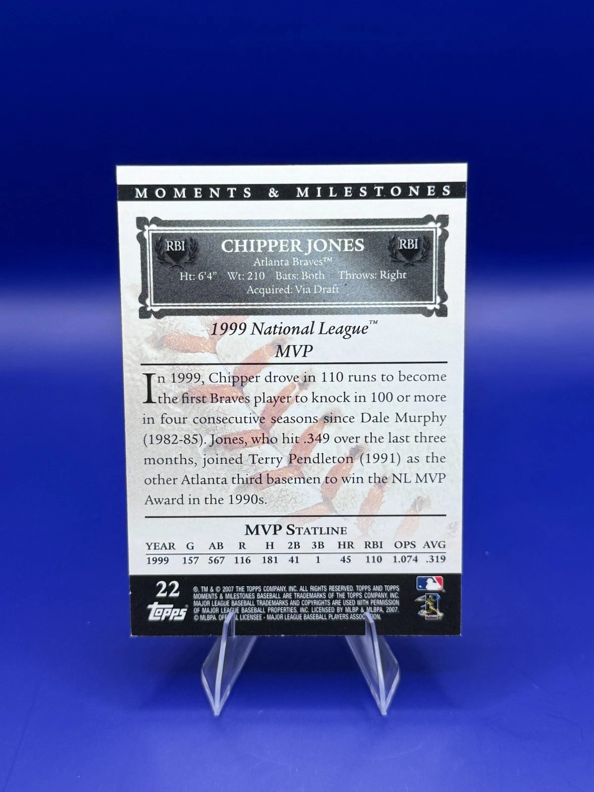 2007 Topps Moments & Milestones Chipper Jones Black 22/29 Braves Baseball back