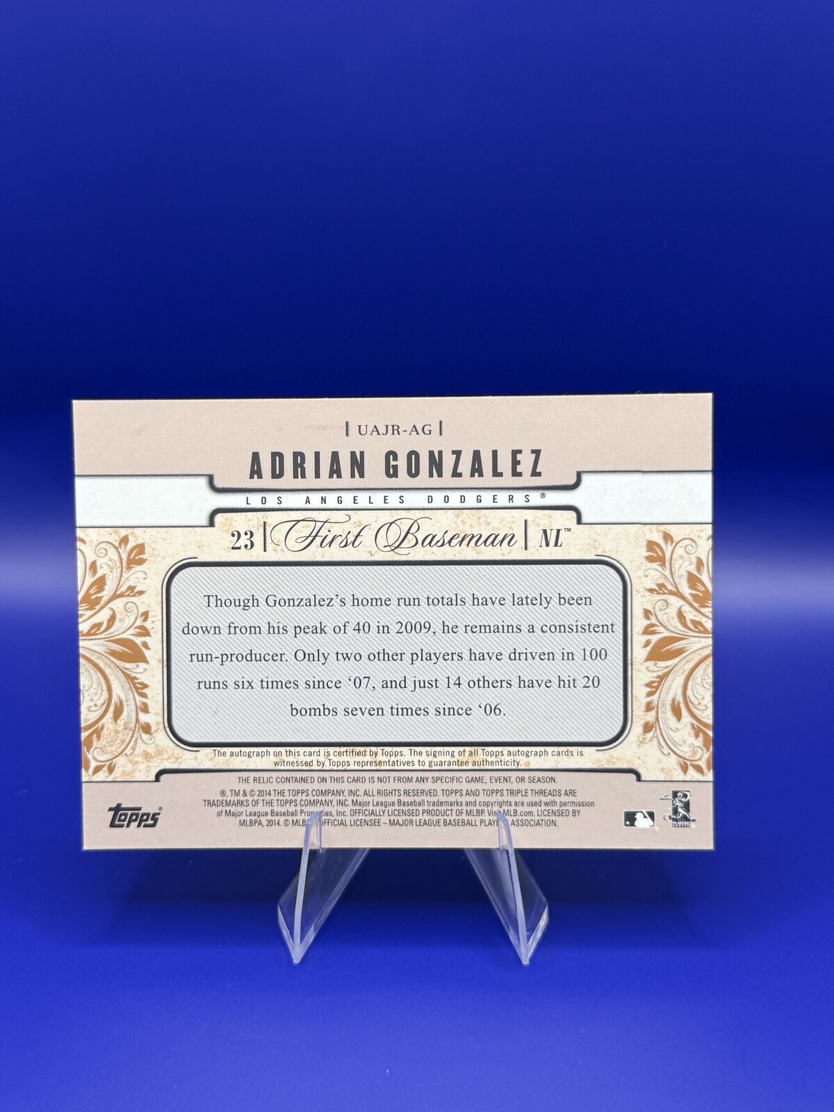 2014 Topps Triple Threads Adrian Gonzalez Auto Jumbo Relic #UAJR-AG /75 back