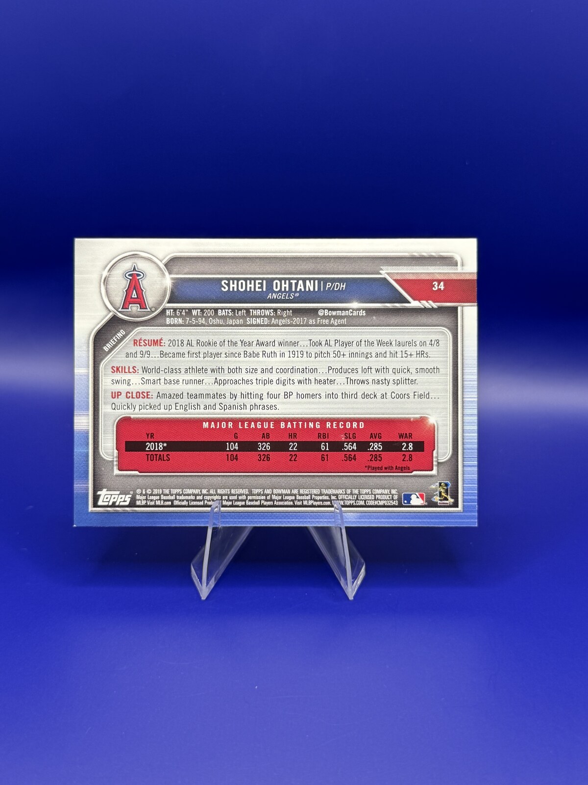 2019 Bowman Shohei Ohtani #34 back
