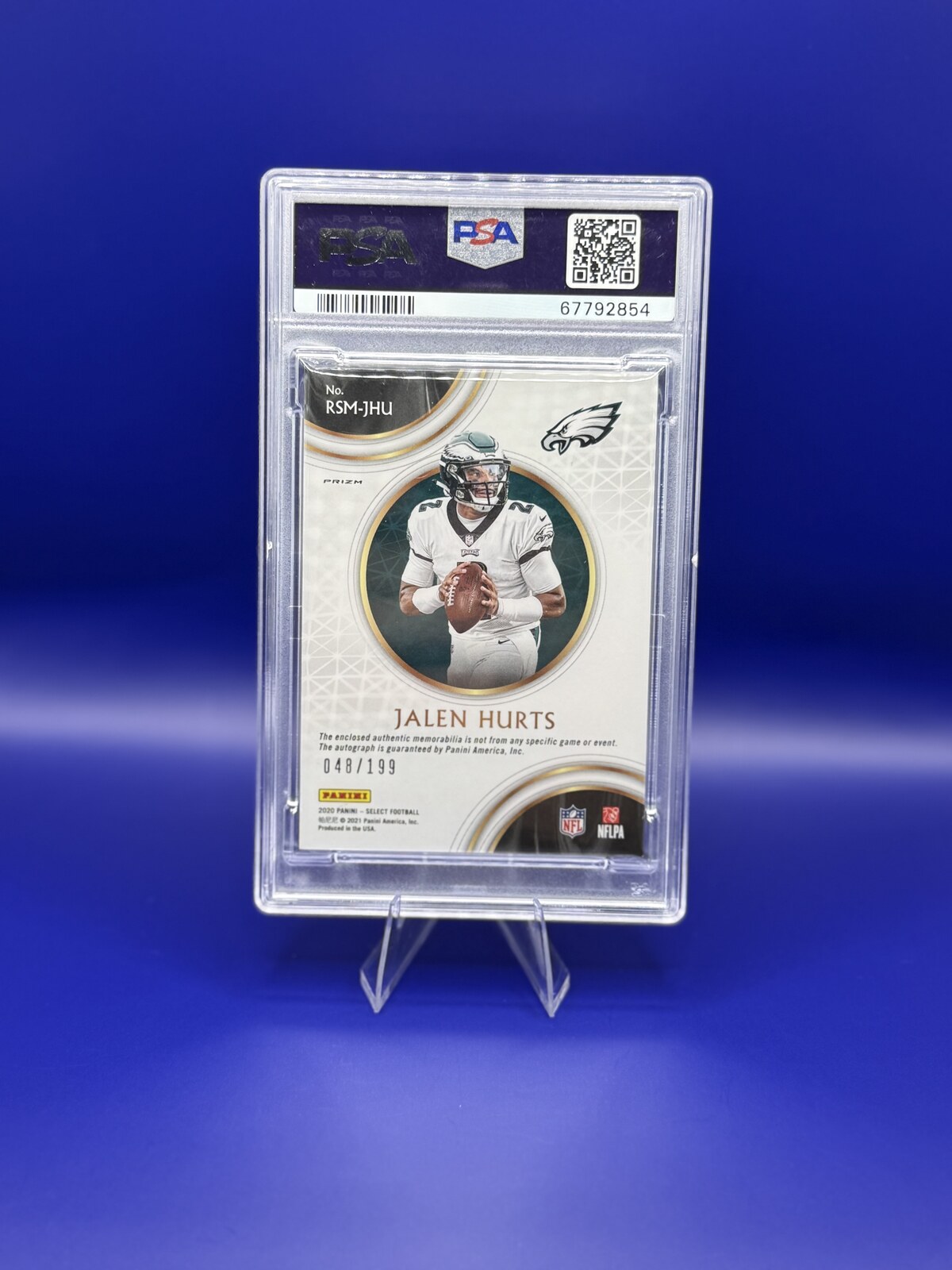 2020 Panini Select Jalen Hurts RC Auto Patch #RSM-JHU /199 (PSA 9) back