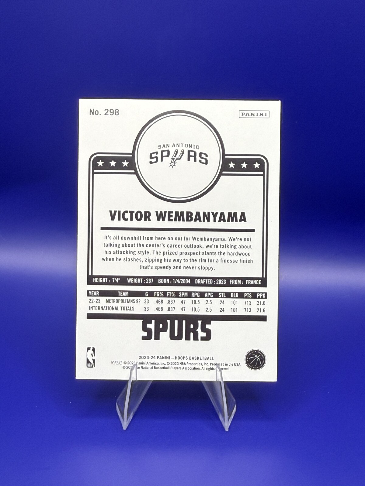 2023-24 Panini Hoops Victor Wembanyama RC Winter #298 back