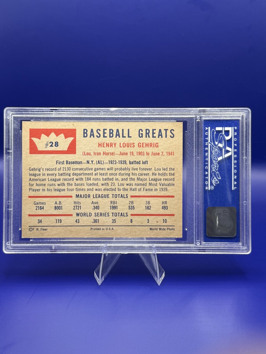 1960 Fleer Baseball Greats Lou Gehrig #28 (PSA 7) back